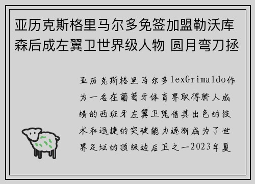 亚历克斯格里马尔多免签加盟勒沃库森后成左翼卫世界级人物 圆月弯刀拯救球队 亚历克斯格里马尔多免签加盟勒沃库森后成左翼卫世界级人物 圆月弯刀拯救球队